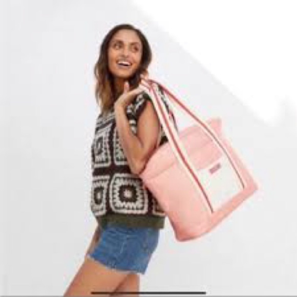l*space Pink Canvas cooler Bag with Striped Handles
